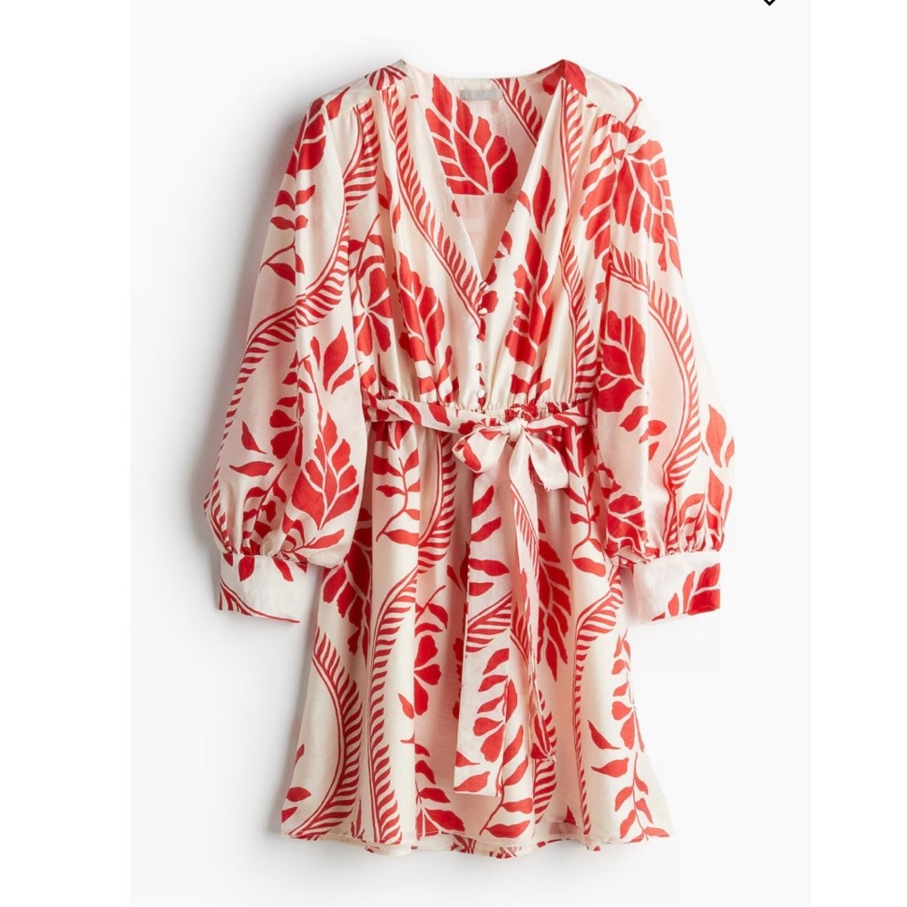 H&M cream and red belted dress